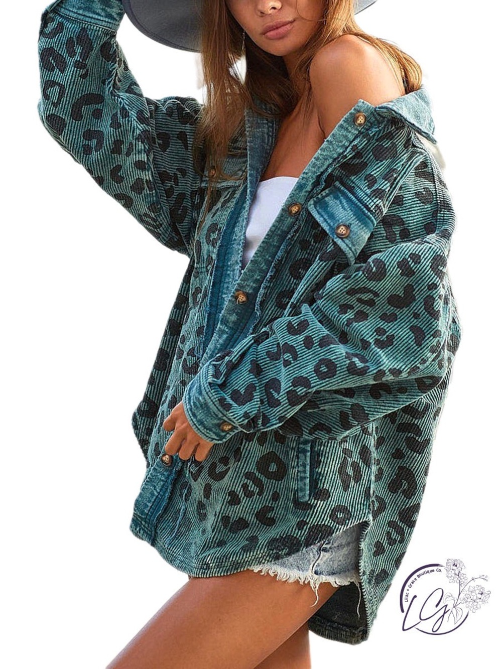 BiBi Teal Leopard Corduroy Shacket Jacket - Women